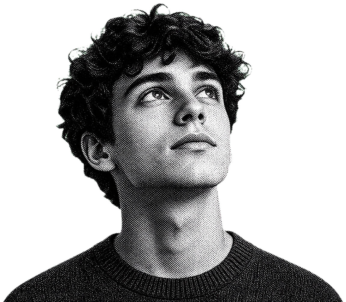 A young person looking up, treated in halftone print
