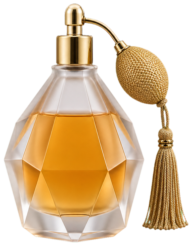A crystal perfume flacon with a brass atomizer, isolated