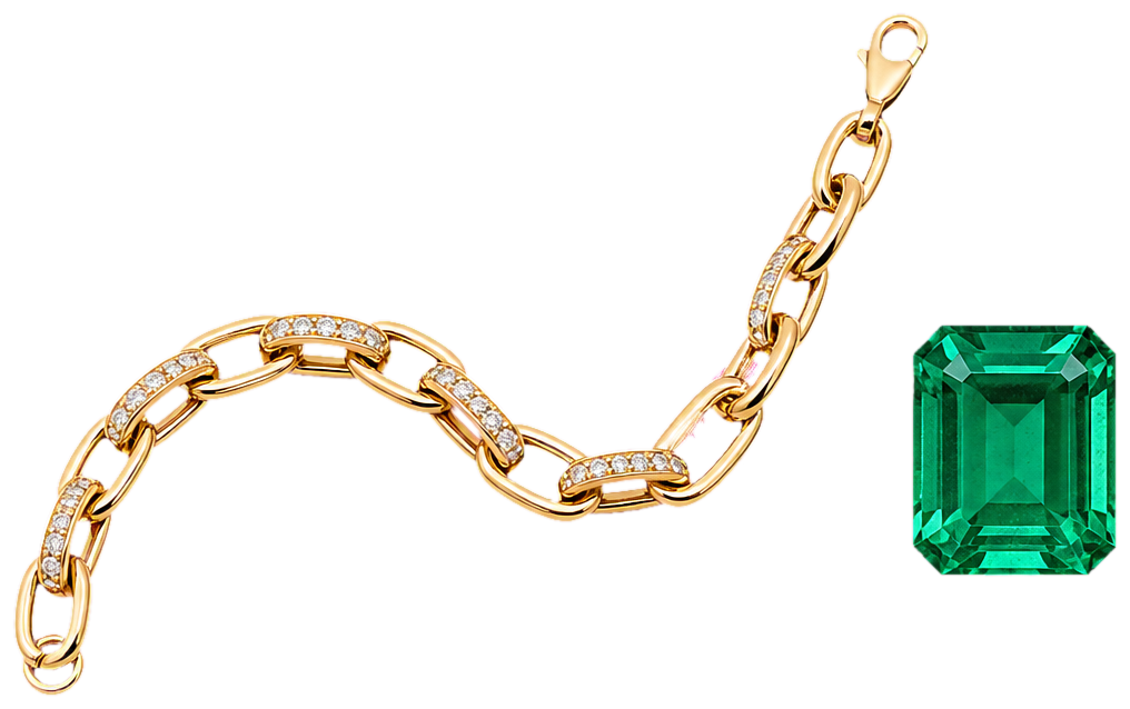 A gold bracelet and an emerald, isolated