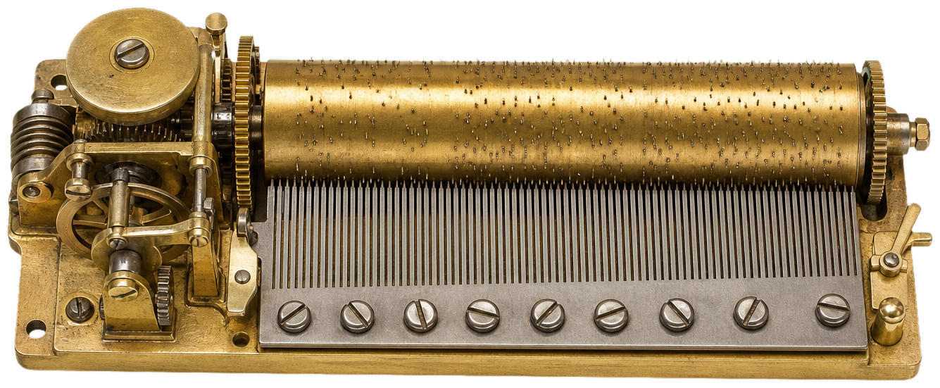 An antique brass music box mechanism, isolated