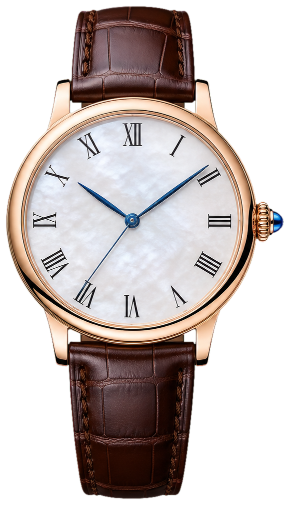 A roman-numeral wristwatch in rose gold, photographed close-up