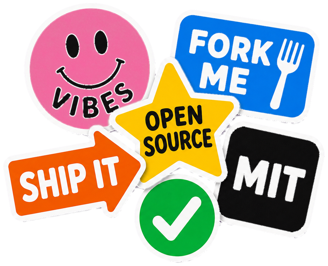 Pack of stickers including VIBES, FORK ME, OPEN SOURCE, SHIP IT, MIT and a green checkmark